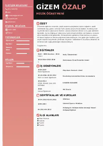 Müzik Öğretmeni Cv Örnekleri cv indir